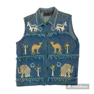Vintage 90's Y2K Denim Vest Embroidered Safari Animals Size XL Made in India